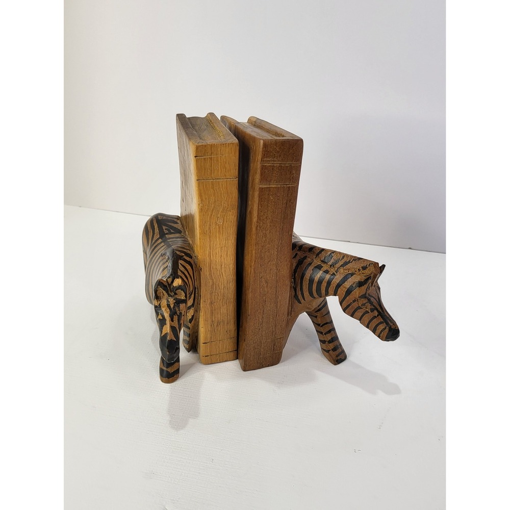 Vintage Hand Carved Wooden Zebra Bookends Safari Folk Art Animal Decor Set